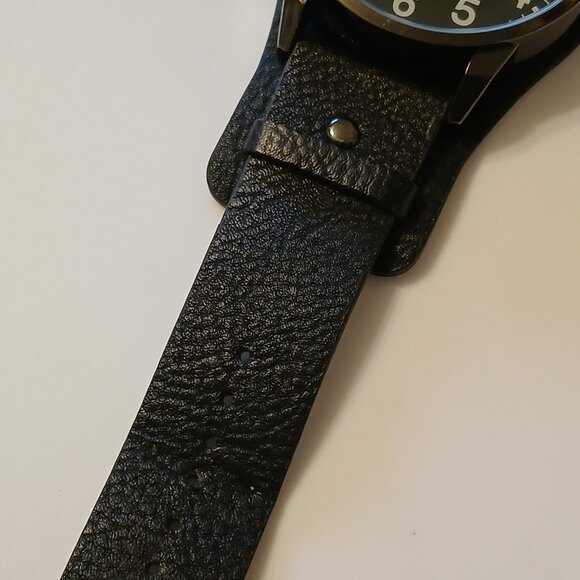 Cruise Club Men's Black Round Dial Wide Strap Faux Leather Band Watch - Picture 12 of 14